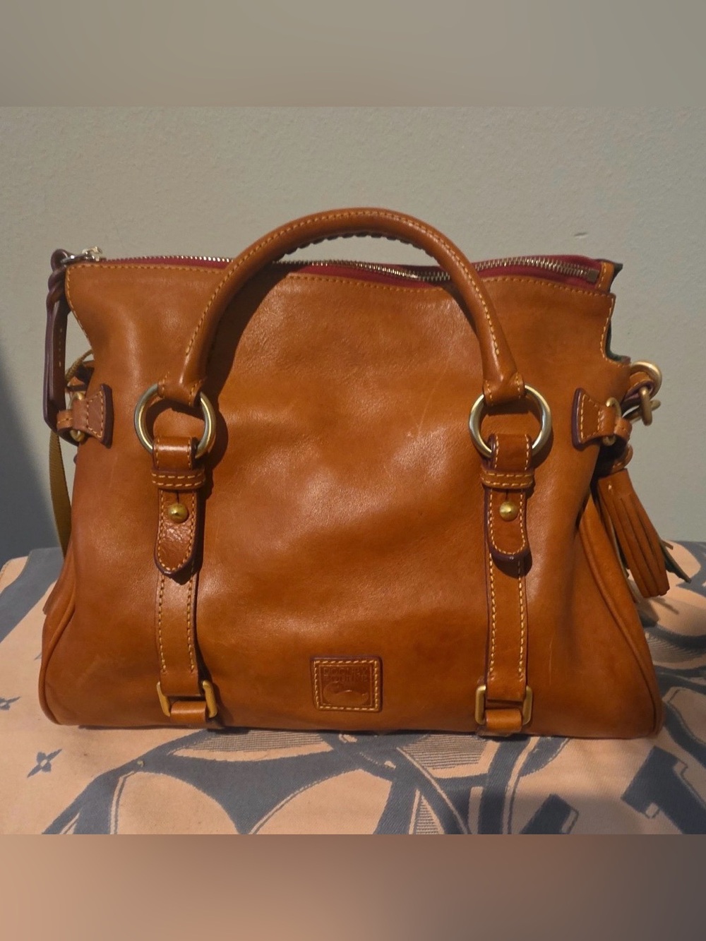 Dooney & Bourke Cognac Florentine Leather Satchel with Tassel
